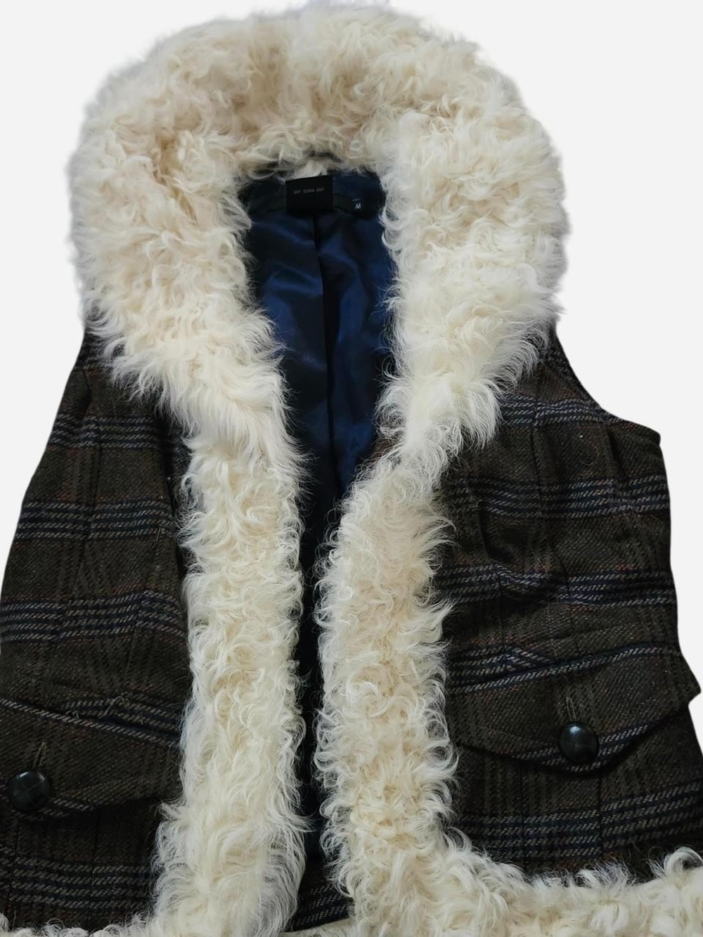 Arden B Plaid Y2K Tweed Vest with Cream Faux-Shearling Trim